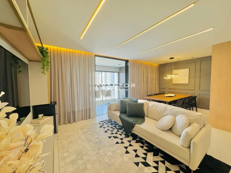 Sala de estar integrada com cozinha e sacada — Apartamento à venda no TESLA Residencial, em Centro, Balneário Camboriú/SC