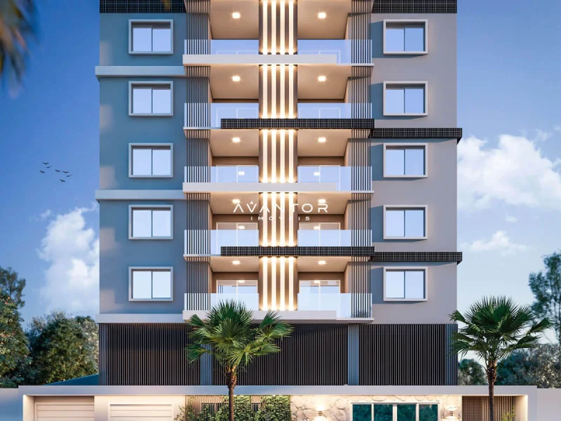 Fachada do prédio com acabamento em tons claros — Apartamento à venda no Residencial Monjardin, em Camobi, Santa Maria/RS