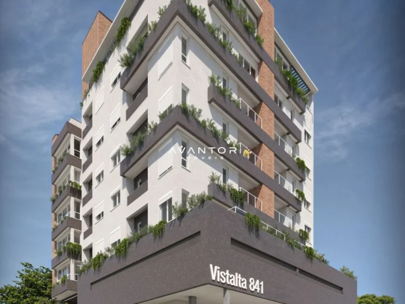Fachada do prédio com sacadas e plantas — Apartamento à venda no Vistalta 841, em Nossa Senhora de Fátima, Santa Maria/RS