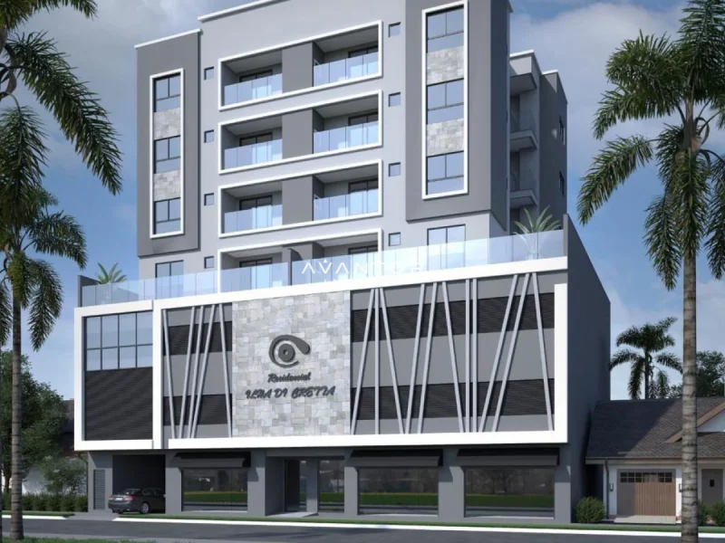 Fachada do prédio com comércios — Apartamento à venda no Residencial Ilha Di Cretta, em Centro, Balneário Camboriú/SC